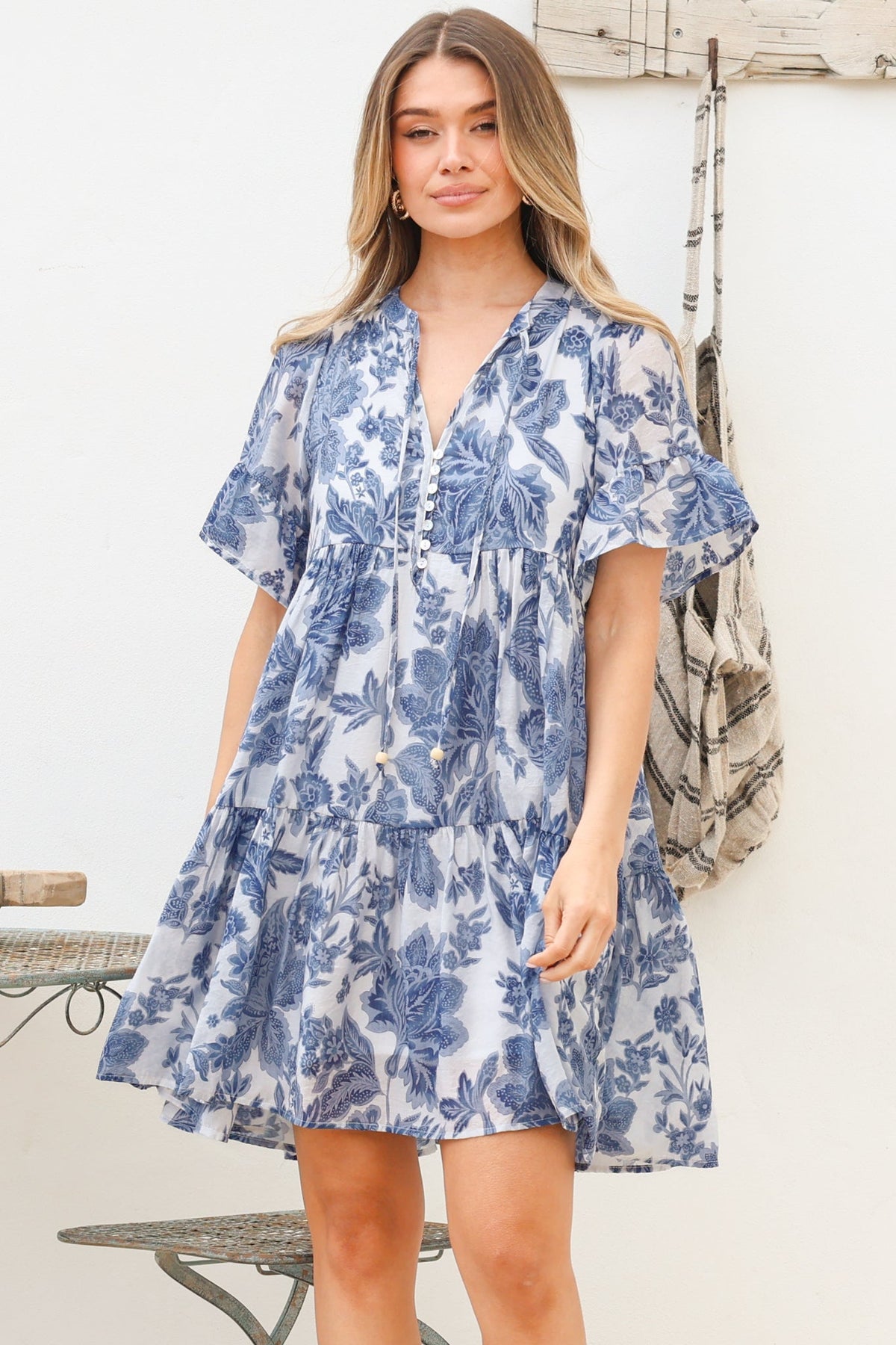 Abilia Mini Dress - Mandarin Collar Smock Dress in Izaria Print Blue