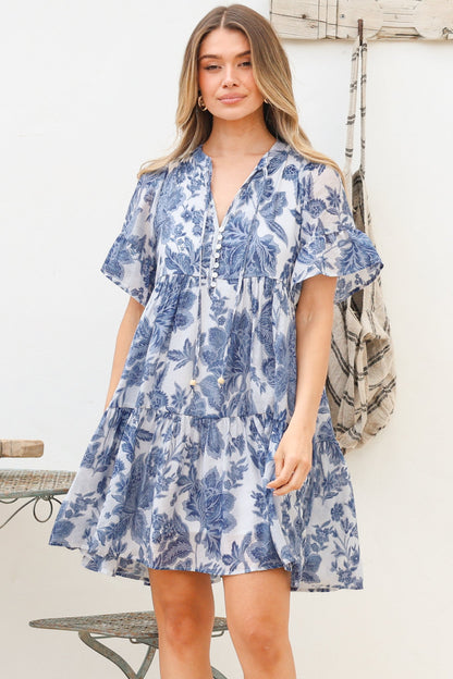 Abilia Mini Dress - Mandarin Collar Smock Dress in Izaria Print Blue