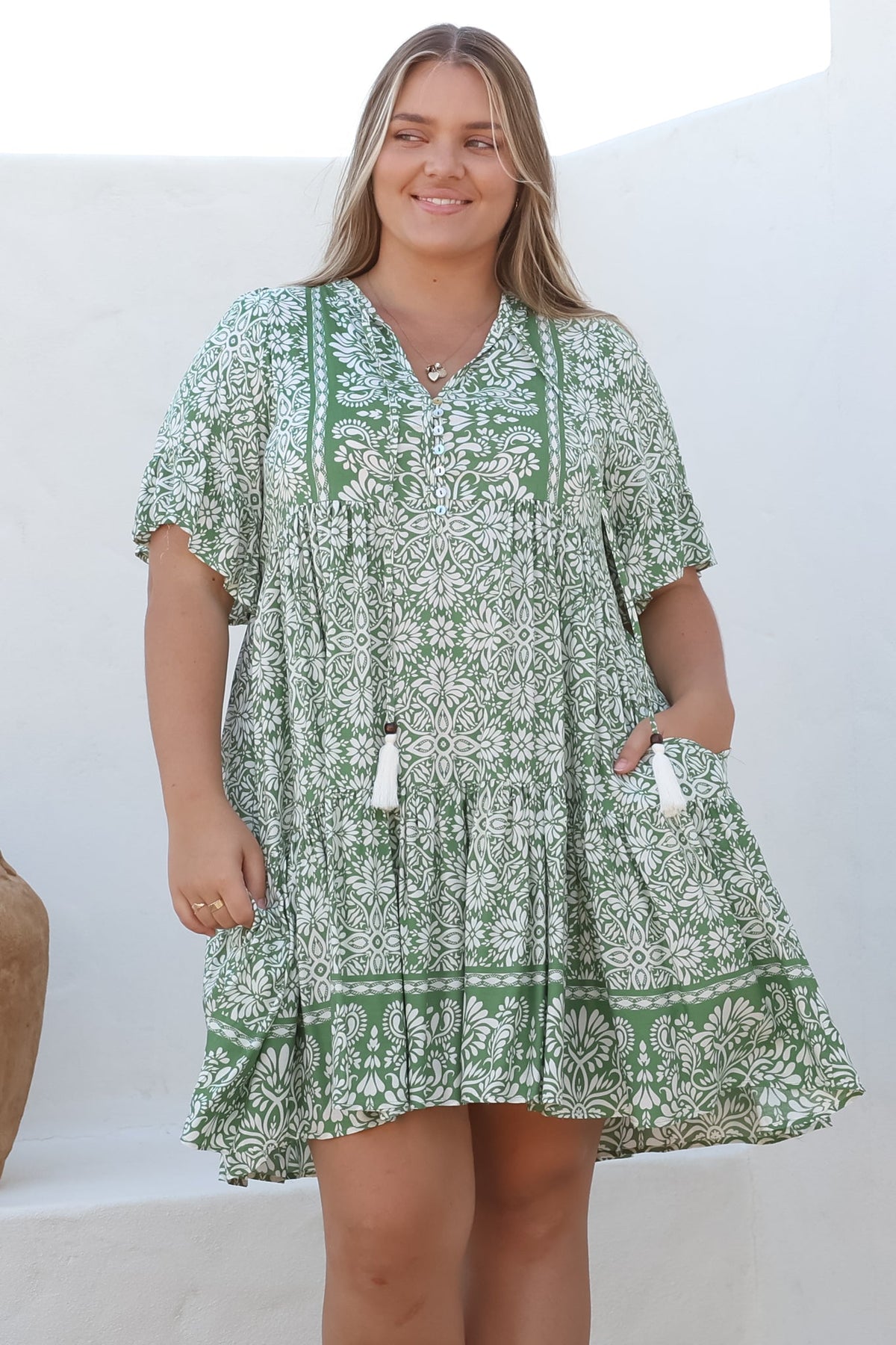 Abilia Mini Dress - Mandarin Collar Smock Dress in Harley Print Green