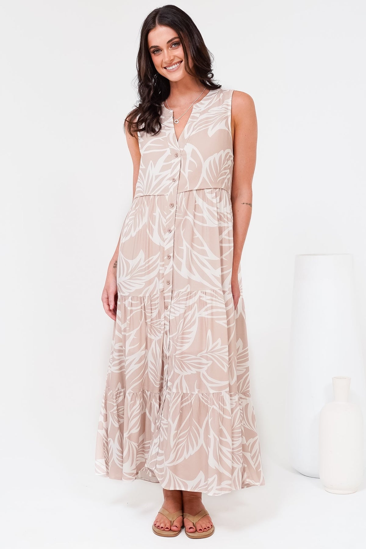 Acelle Midi Dress - Sleeveless Bermuda Collar Button Down Dress in Jeani Print Beige