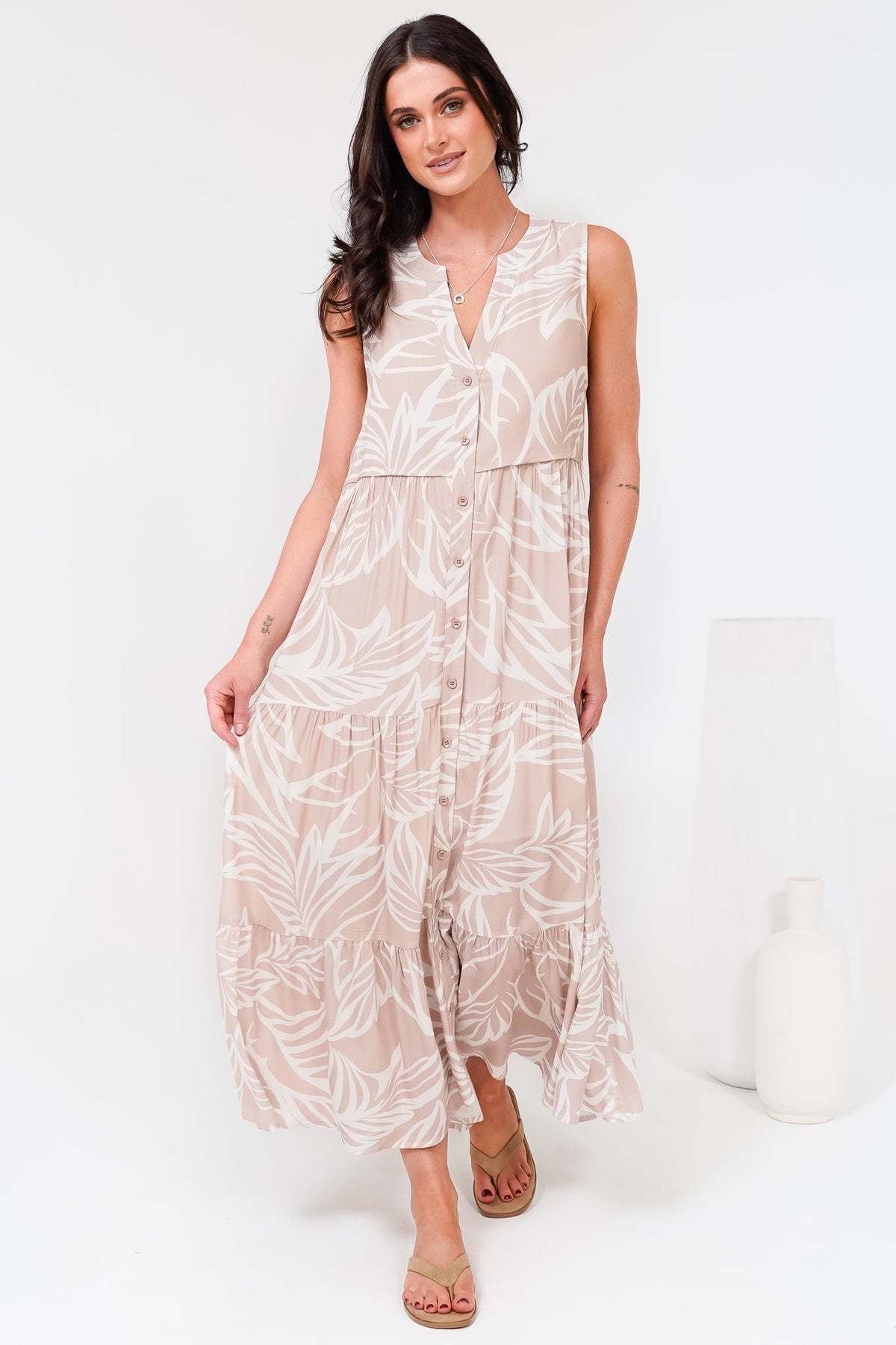 Acelle Midi Dress - Sleeveless Bermuda Collar Button Down Dress in Jeani Print Beige