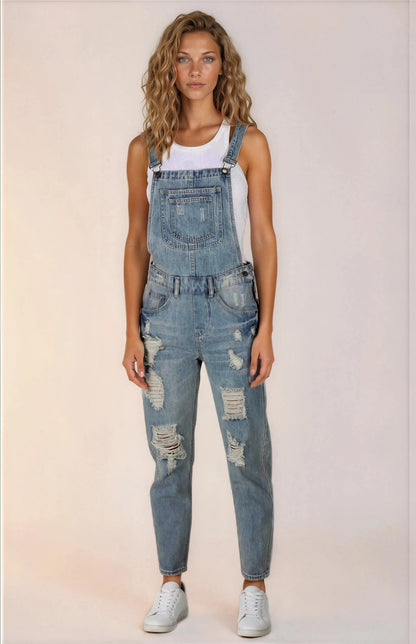Aeryn Denim Overalls - Straight Leg Dungarees in Stone Wash Denim