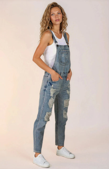 Aeryn Denim Overalls - Straight Leg Dungarees in Stone Wash Denim