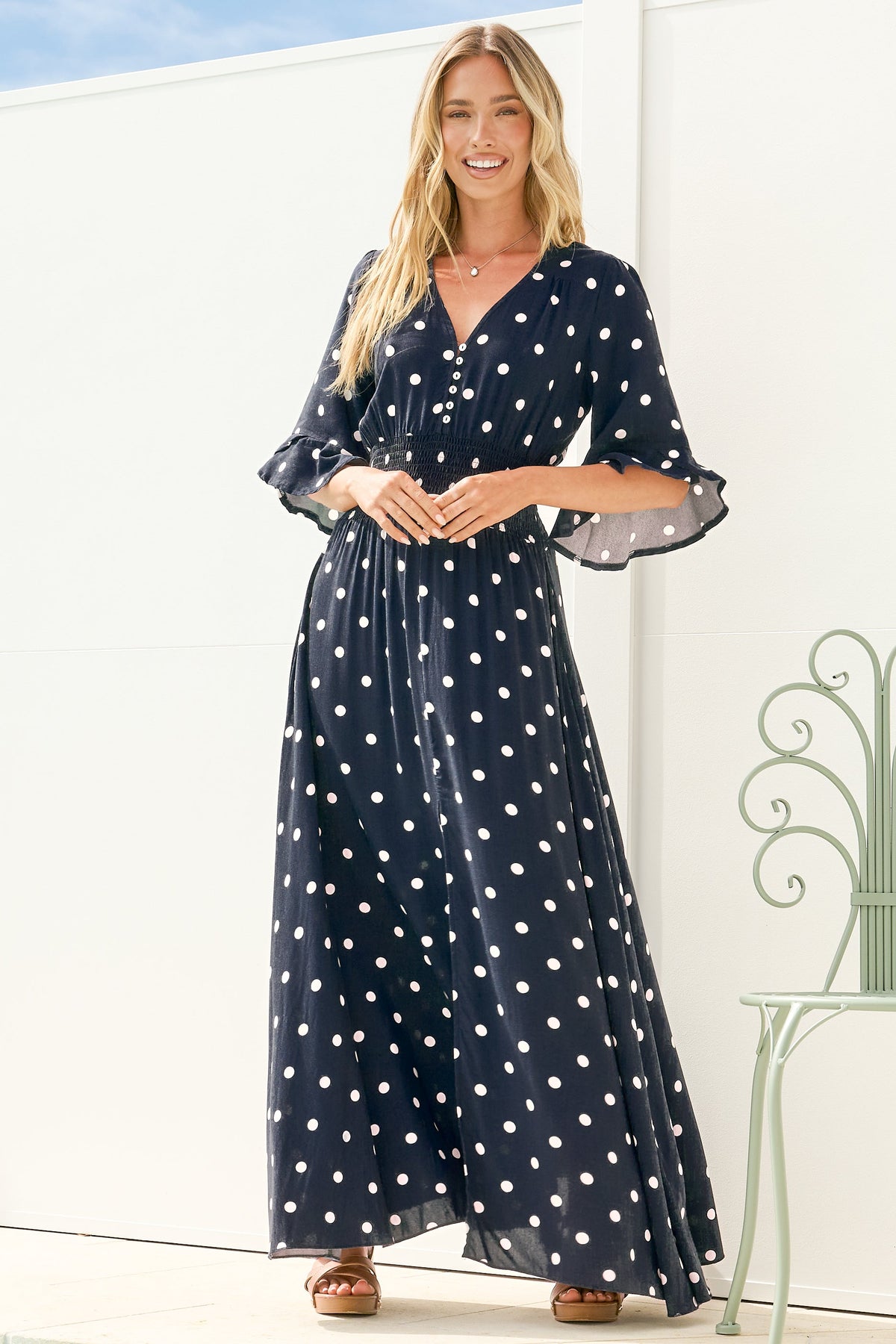 Alba Maxi Dress - Buttoned Bodice A Line Dress in Parisian Polka Navy