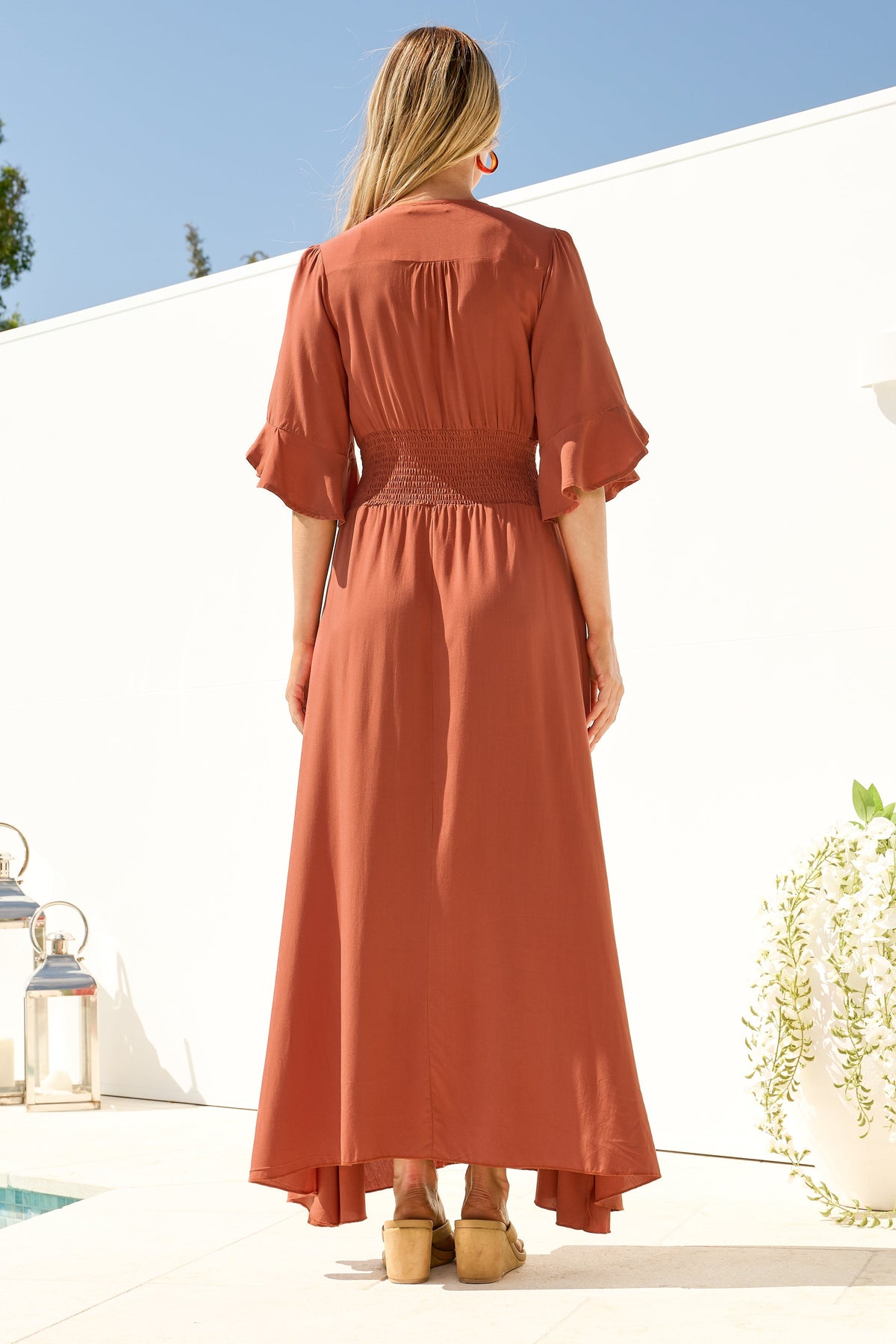 Alba Maxi Dress - Buttoned Bodice A Line Dress in Rust