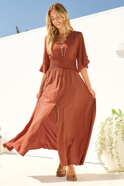 Alba Maxi Dress - Buttoned Bodice A Line Dress in Rust