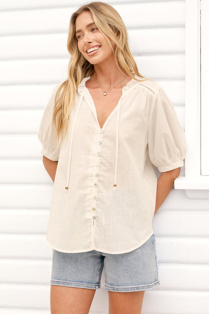 Alettie Blouse - Frill Collar Balloon Sleeve Button Down in White