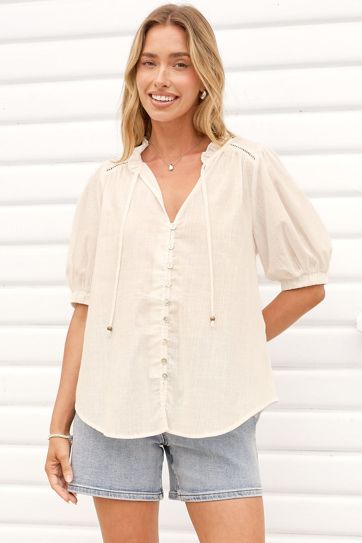 Alettie Blouse - Frill Collar Balloon Sleeve Button Down in White