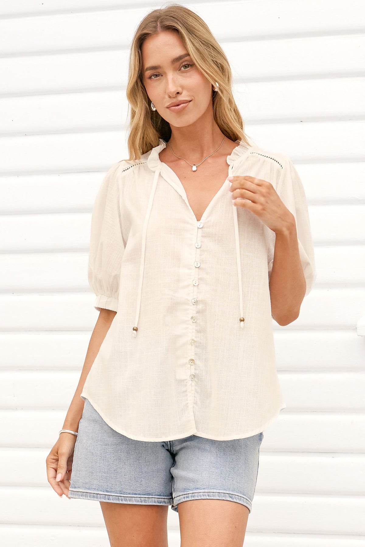 Alettie Blouse - Frill Collar Balloon Sleeve Button Down in White