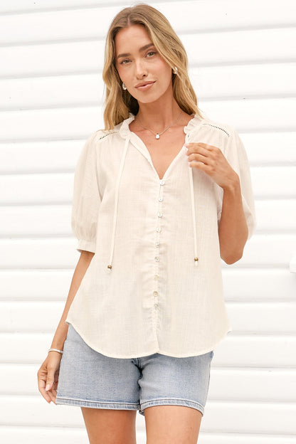 Alettie Blouse - Frill Collar Balloon Sleeve Button Down in White