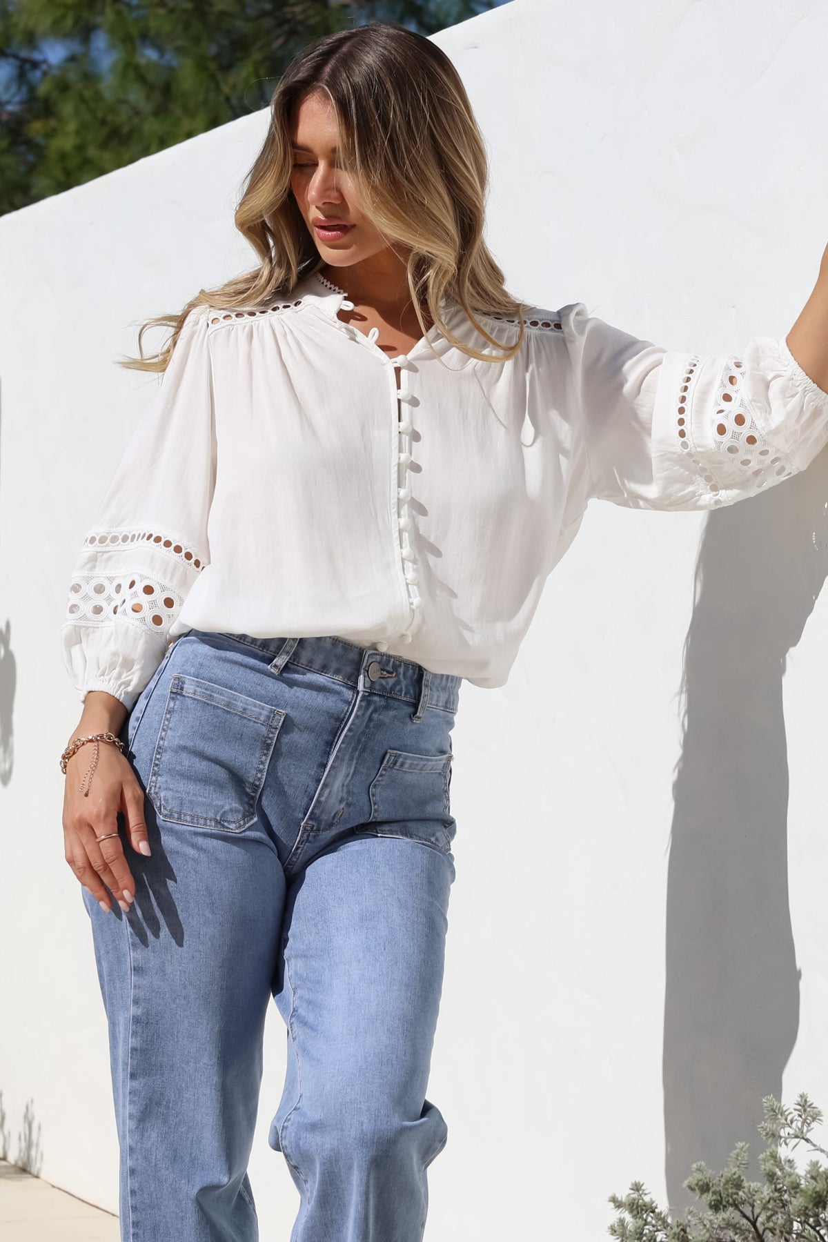 Alyce Shirt - Mandarin Collar Cut Out Detailed Sleeve Button Down in White