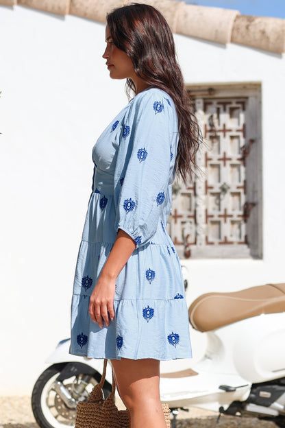 Amilia Mini Dress - A Line Tiered Button Through Dress in Ruiz Print Blue