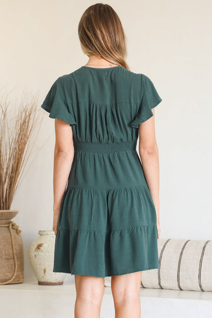 Amy Mini Dress - Frill Cap Sleeve Button Down V Neck Dress in Emerald