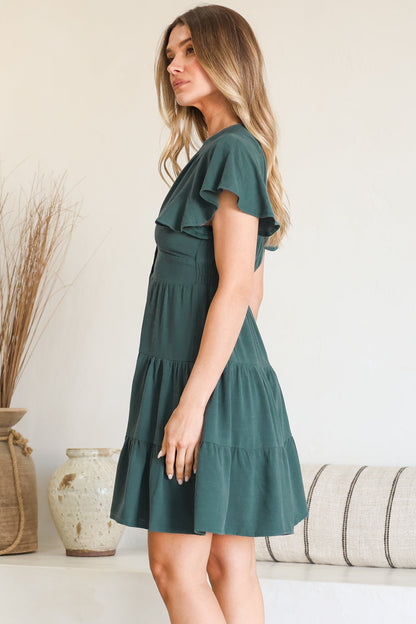 Amy Mini Dress - Frill Cap Sleeve Button Down V Neck Dress in Emerald