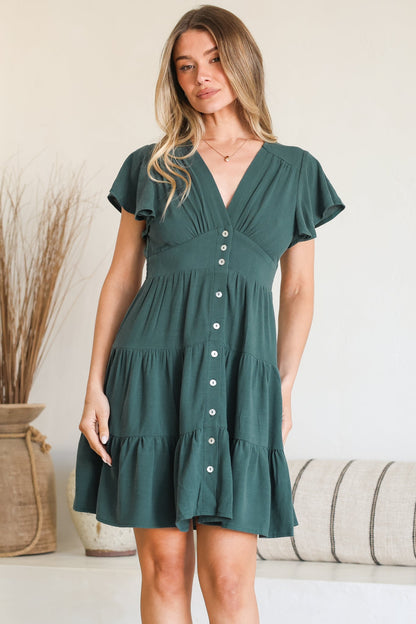 Amy Mini Dress - Frill Cap Sleeve Button Down V Neck Dress in Emerald