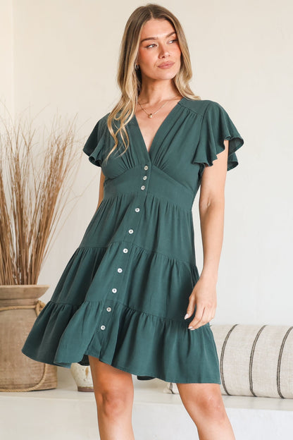 Amy Mini Dress - Frill Cap Sleeve Button Down V Neck Dress in Emerald