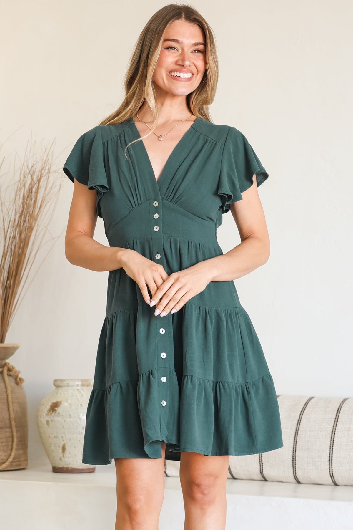 Amy Mini Dress - Frill Cap Sleeve Button Down V Neck Dress in Emerald