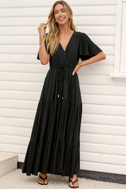 Anya Maxi Dress - Flutter Cap Sleeve Pull Tie Waist Dress in Black