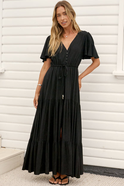 Anya Maxi Dress - Flutter Cap Sleeve Pull Tie Waist Dress in Black