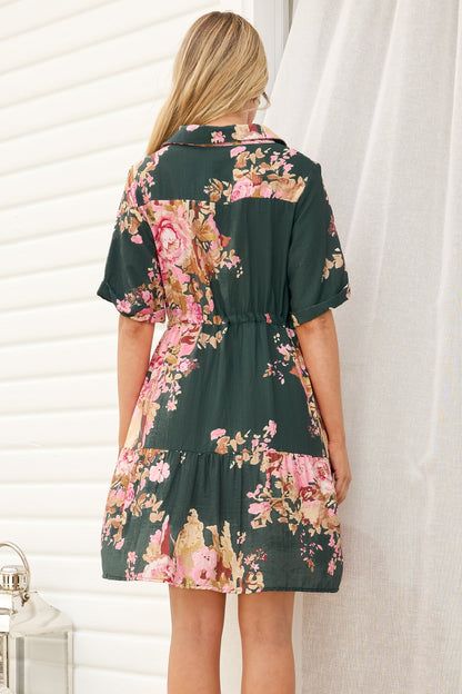 Apryl Mini Dress - Collared Short Sleeve Dress with Pull Tie Waist in Vela Print Emerald