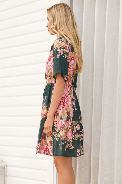 Apryl Mini Dress - Collared Short Sleeve Dress with Pull Tie Waist in Vela Print Emerald