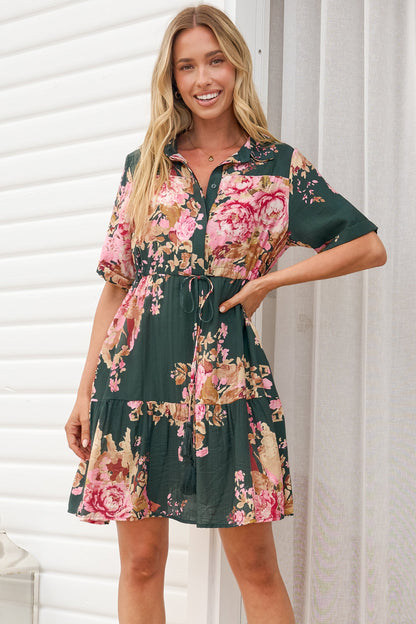 Apryl Mini Dress - Collared Short Sleeve Dress with Pull Tie Waist in Vela Print Emerald