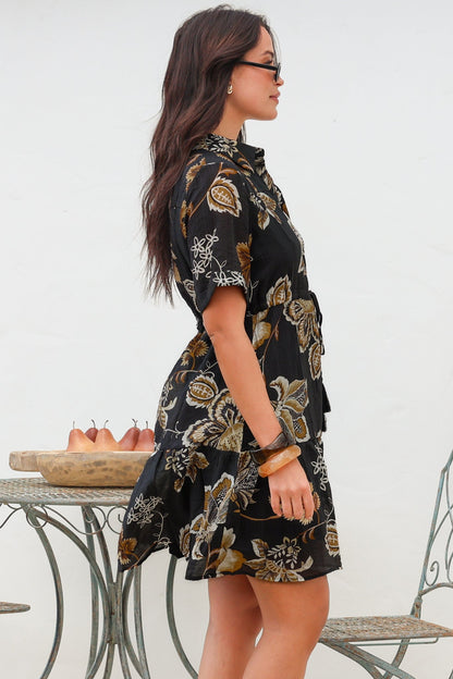 Apryl Mini Dress - Collared Short Sleeve Dress with Pull Tie Waist in Shanina Print Black