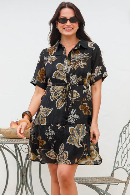 Apryl Mini Dress - Collared Short Sleeve Dress with Pull Tie Waist in Shanina Print Black