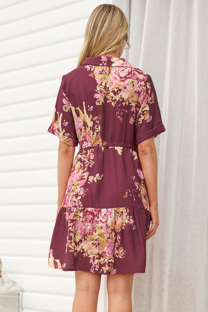 Apryl Mini Dress - Collared Short Sleeve Dress with Pull Tie Waist in Vela Print Burgundy