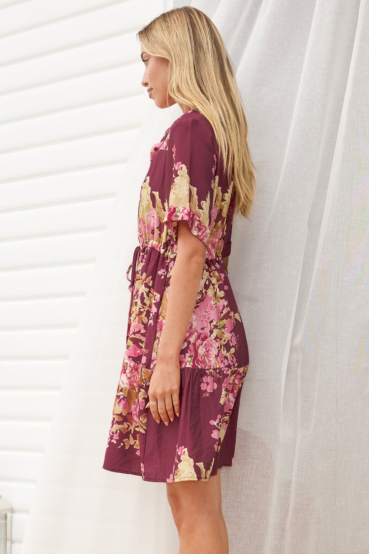 Apryl Mini Dress - Collared Short Sleeve Dress with Pull Tie Waist in Vela Print Burgundy
