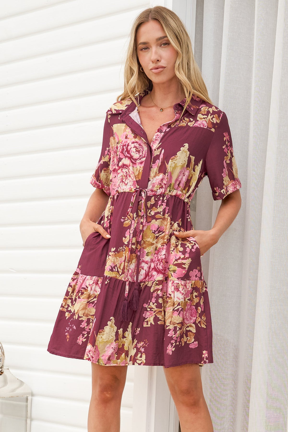 Apryl Mini Dress - Collared Short Sleeve Dress with Pull Tie Waist in Vela Print Burgundy