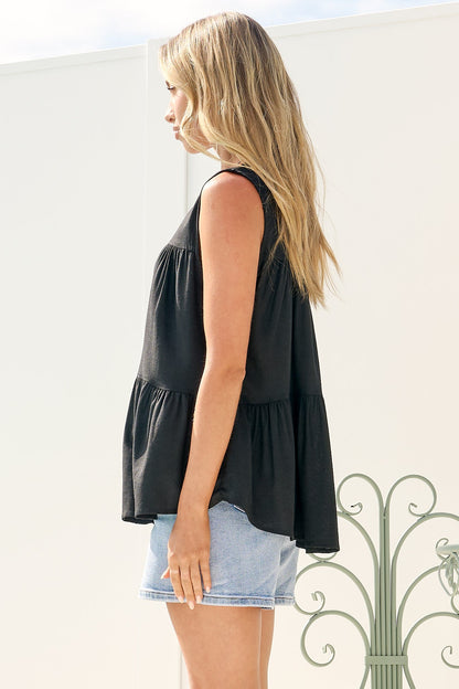 Ariana Top - High Neckline Sleeveless Tiered Button Down in Black
