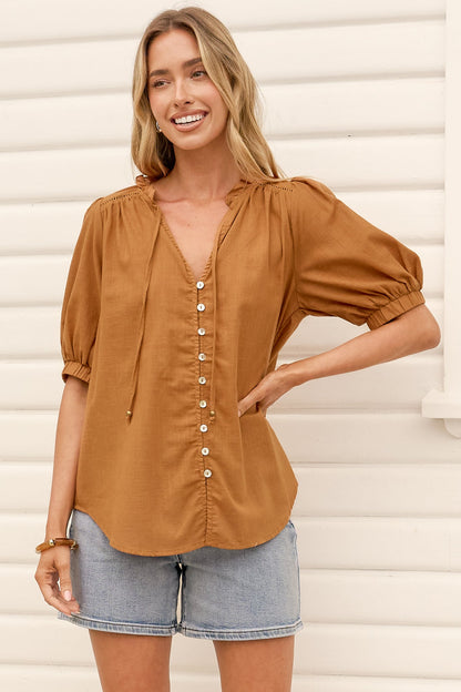 Alettie Blouse - Frill Collar Balloon Sleeve Button Down in Caramel