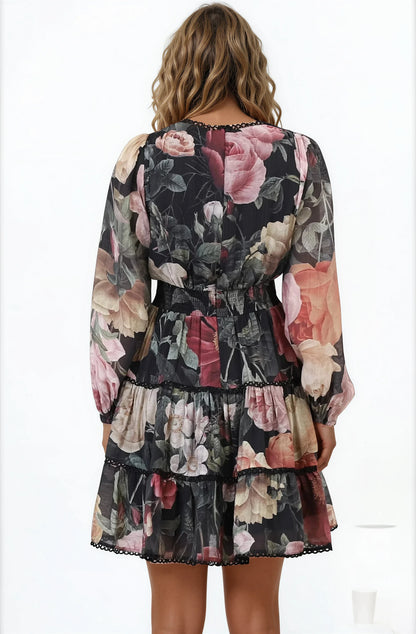 Audrey Mini Dress - Delicately Detailed Tiered A-Line Dress in Bortie Print Black