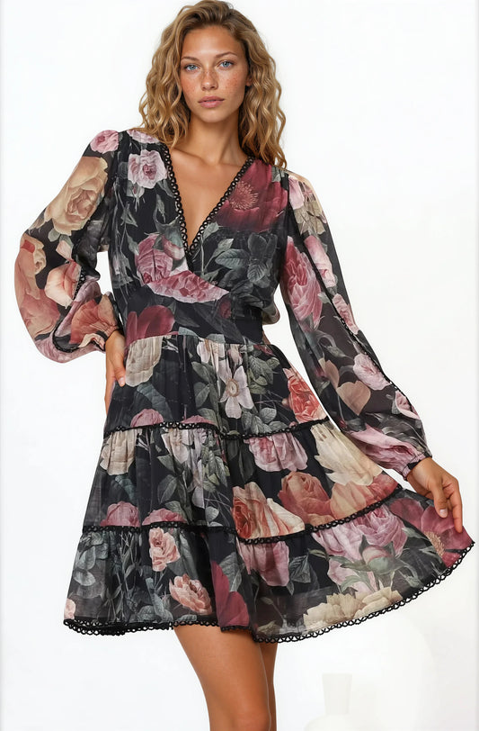 Audrey Mini Dress - Delicately Detailed Tiered A-Line Dress in Bortie Print Black