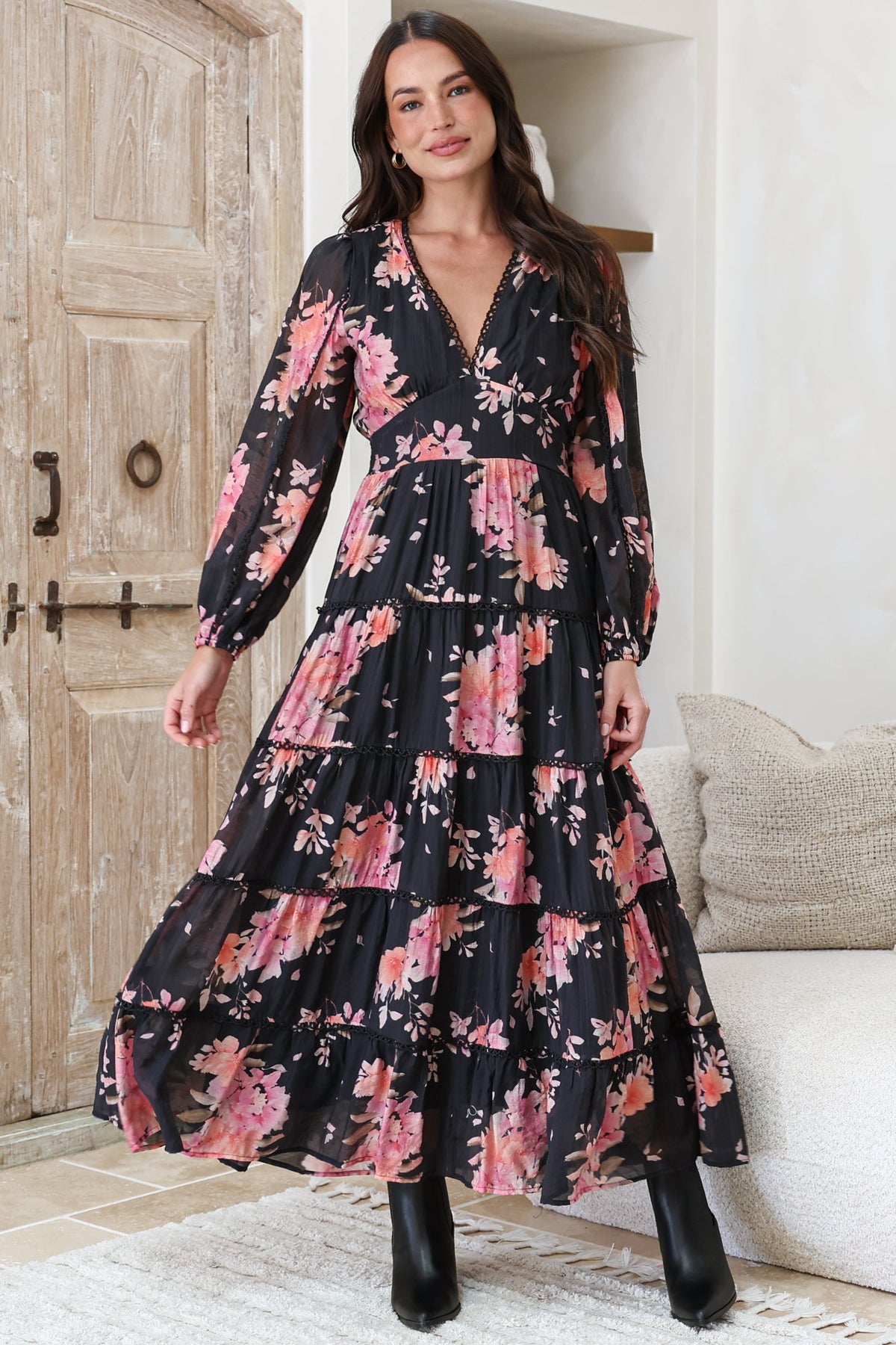 Audrey Maxi Dress - Delicately Detailed Tiered A-Line Dress in Odessa Print