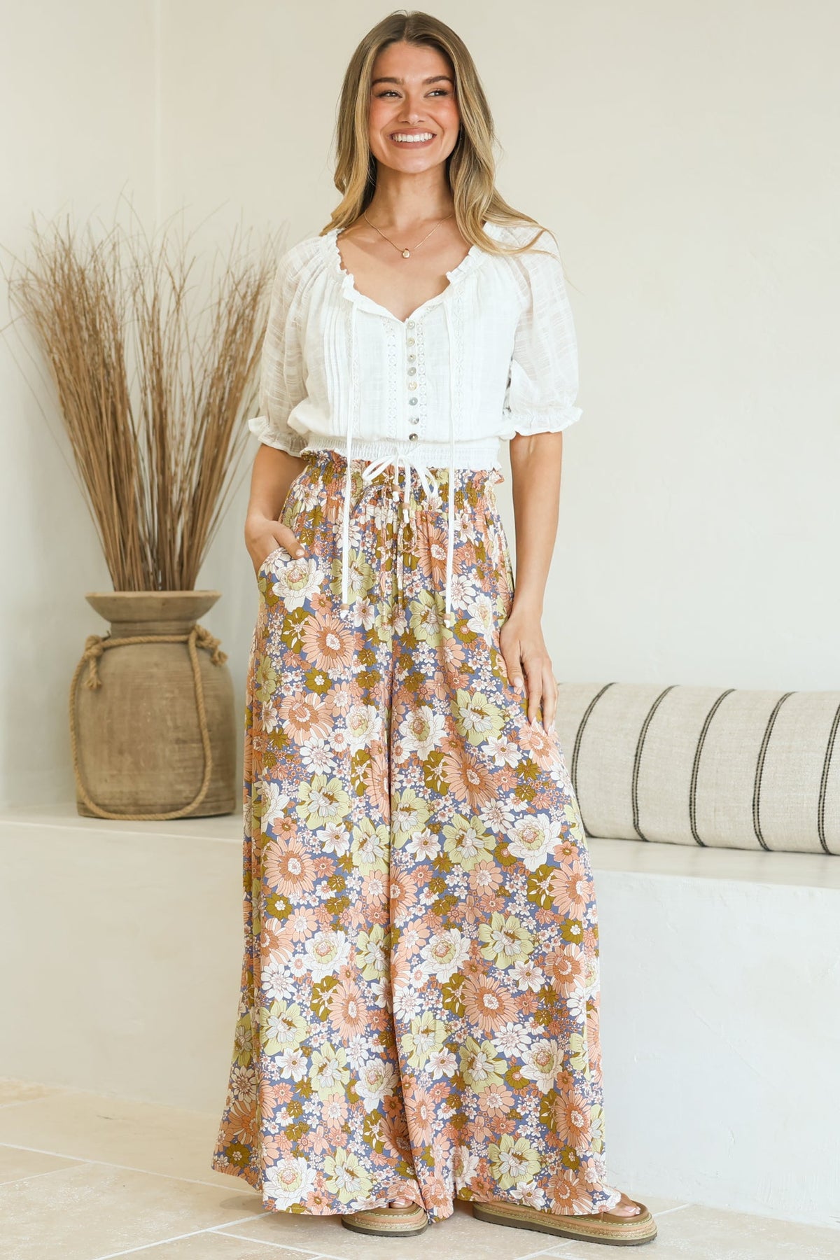 Avianna Pants - Paper Bag High Waisted Wide Leg Pants in Floral Print