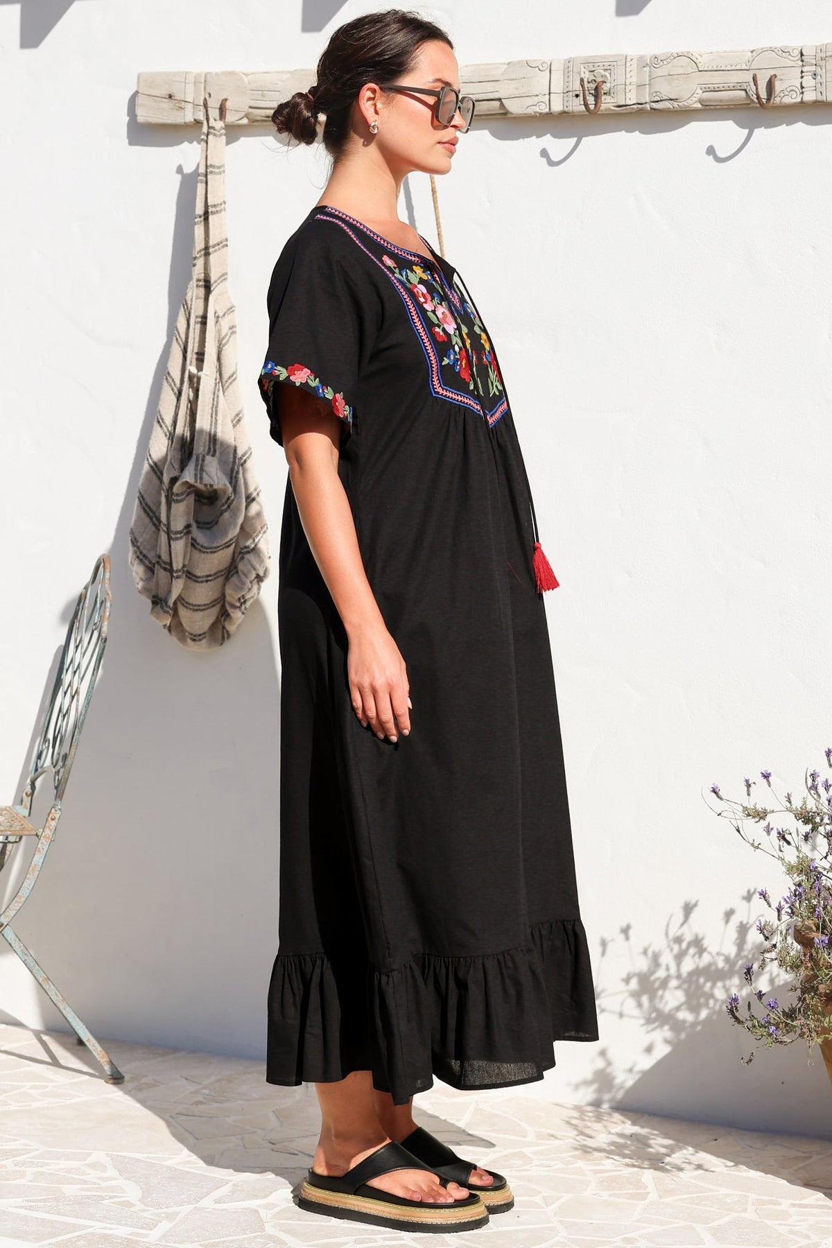 Azalea 1/2 Sleeve Midi Dress - Floral Embroidered Motif Shift Dress in Black