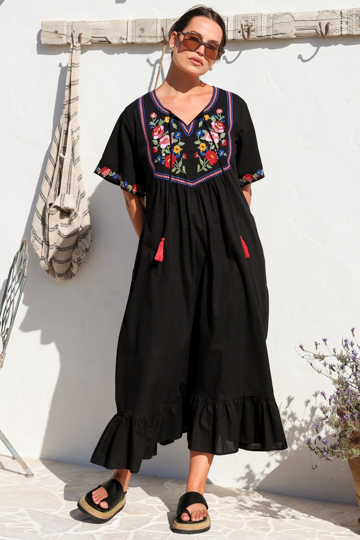 Azalea 1/2 Sleeve Midi Dress - Floral Embroidered Motif Shift Dress in Black