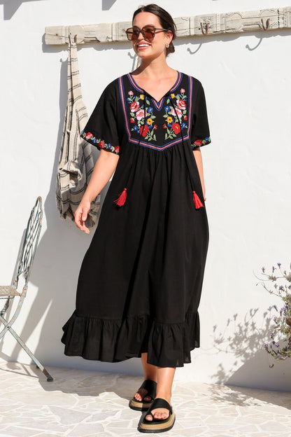Azalea 1/2 Sleeve Midi Dress - Floral Embroidered Motif Shift Dress in Black