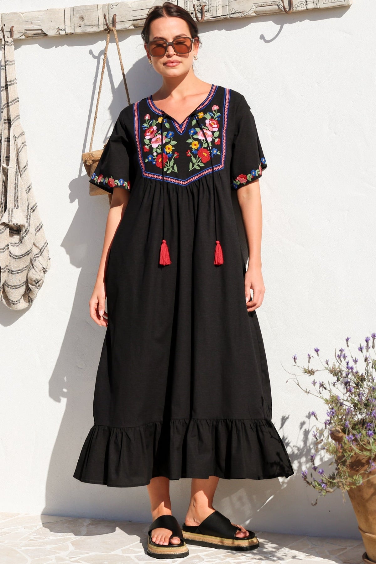 Azalea 1/2 Sleeve Midi Dress - Floral Embroidered Motif Shift Dress in Black