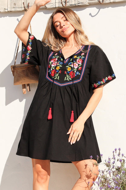 Azalea 1/2 Sleeve Mini Dress - Floral Embroidered Motif Shift Dress in Black