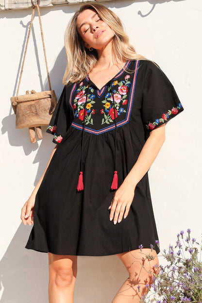 Azalea 1/2 Sleeve Mini Dress - Floral Embroidered Motif Shift Dress in Black
