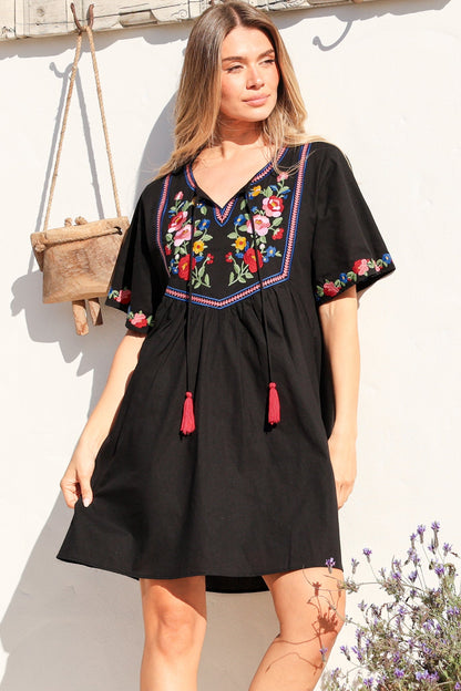 Azalea 1/2 Sleeve Mini Dress - Floral Embroidered Motif Shift Dress in Black