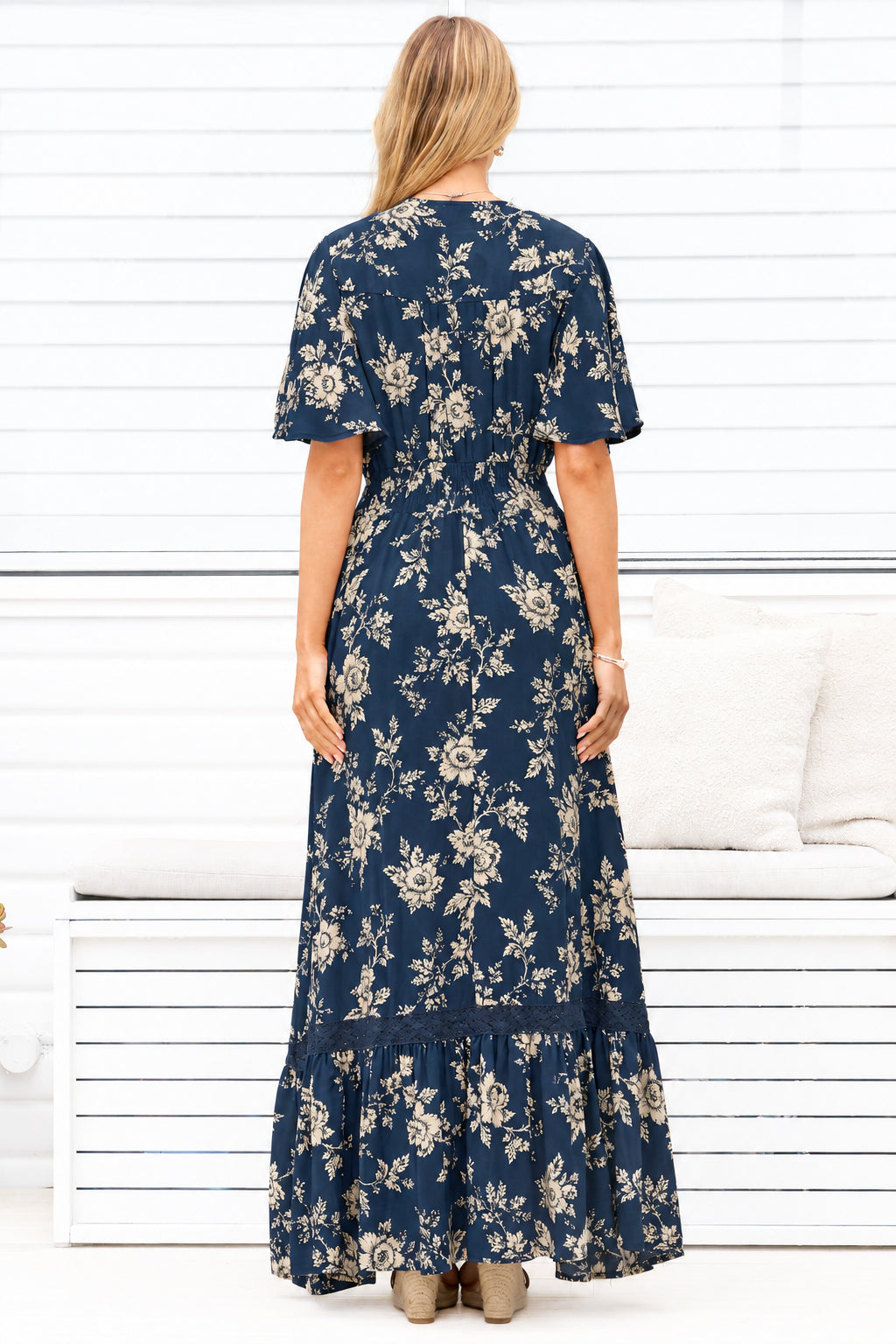 Balenca Maxi Dress - V Beck A Line Dress with Flutter Sleeves & Lace Inserts in Salvia Print Navy