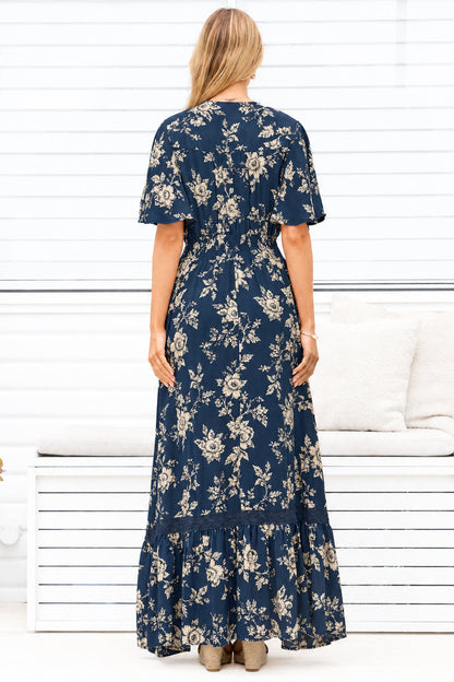 Balenca Maxi Dress - V Beck A Line Dress with Flutter Sleeves & Lace Inserts in Salvia Print Navy