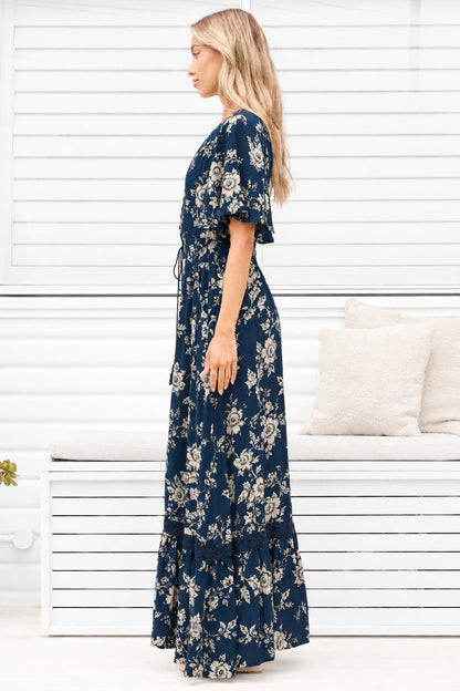 Balenca Maxi Dress - V Beck A Line Dress with Flutter Sleeves & Lace Inserts in Salvia Print Navy