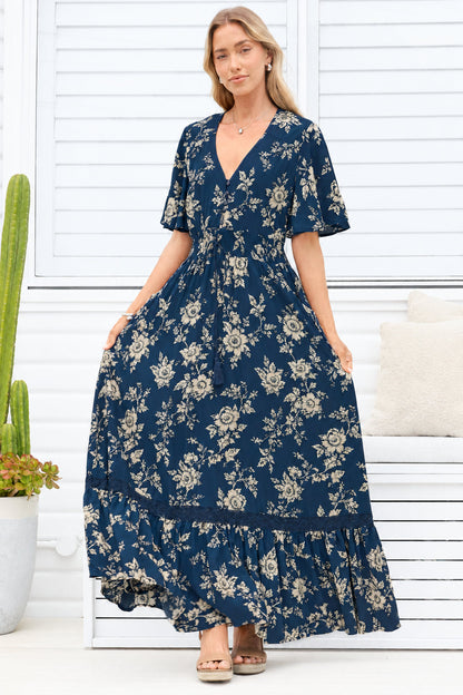 Balenca Maxi Dress - V Beck A Line Dress with Flutter Sleeves & Lace Inserts in Salvia Print Navy