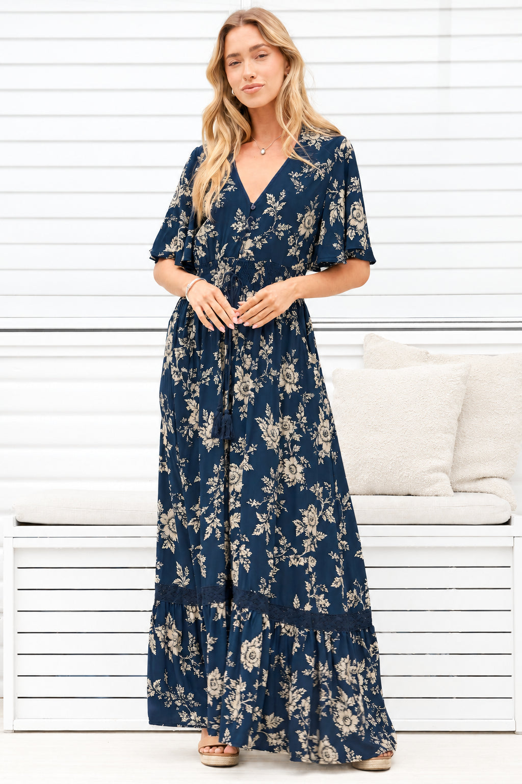 Balenca Maxi Dress - V Beck A Line Dress with Flutter Sleeves & Lace Inserts in Salvia Print Navy