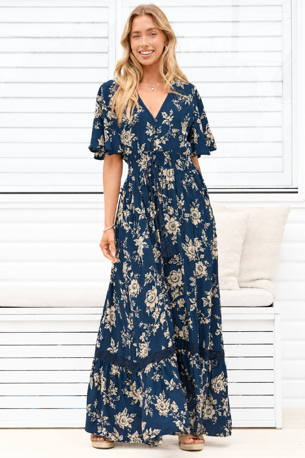 Balenca Maxi Dress - V Beck A Line Dress with Flutter Sleeves & Lace Inserts in Salvia Print Navy